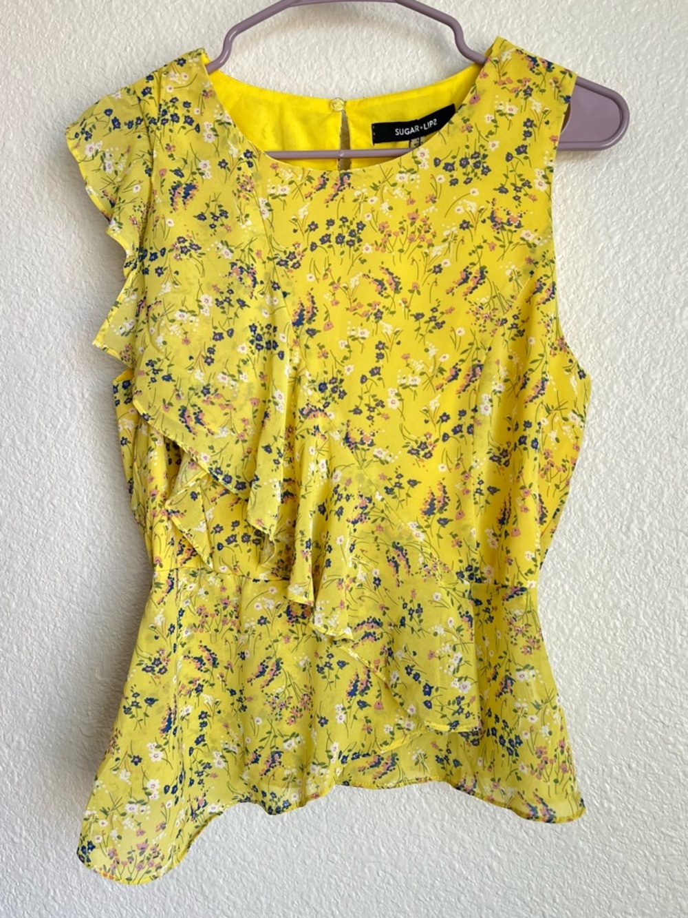 Sugarlips Bright Yellow Floral Ruffle Peplum Top